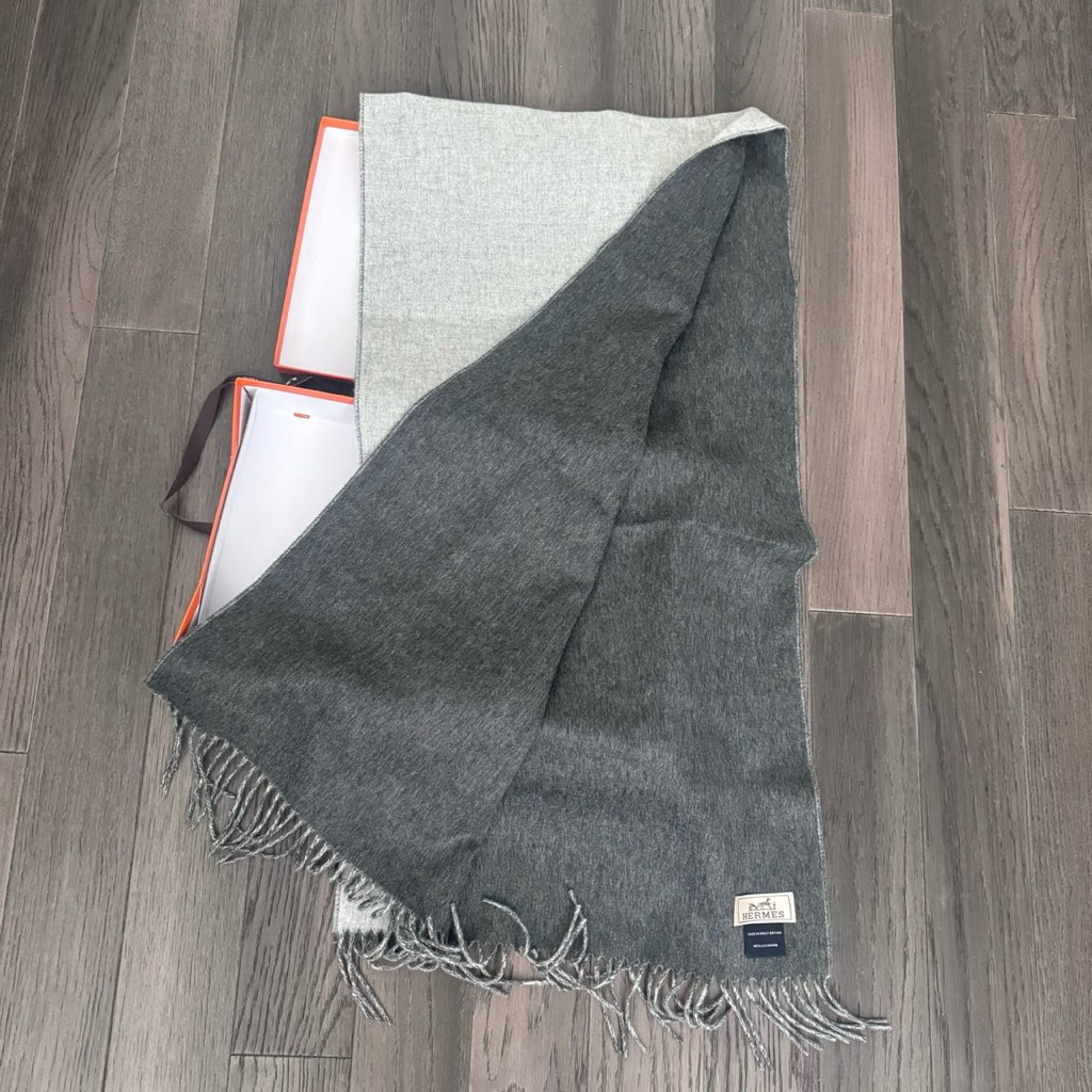Hermes New Unisex Double Sided Cashmere Men's Scarf Muffler Light Grey/Dark Grey